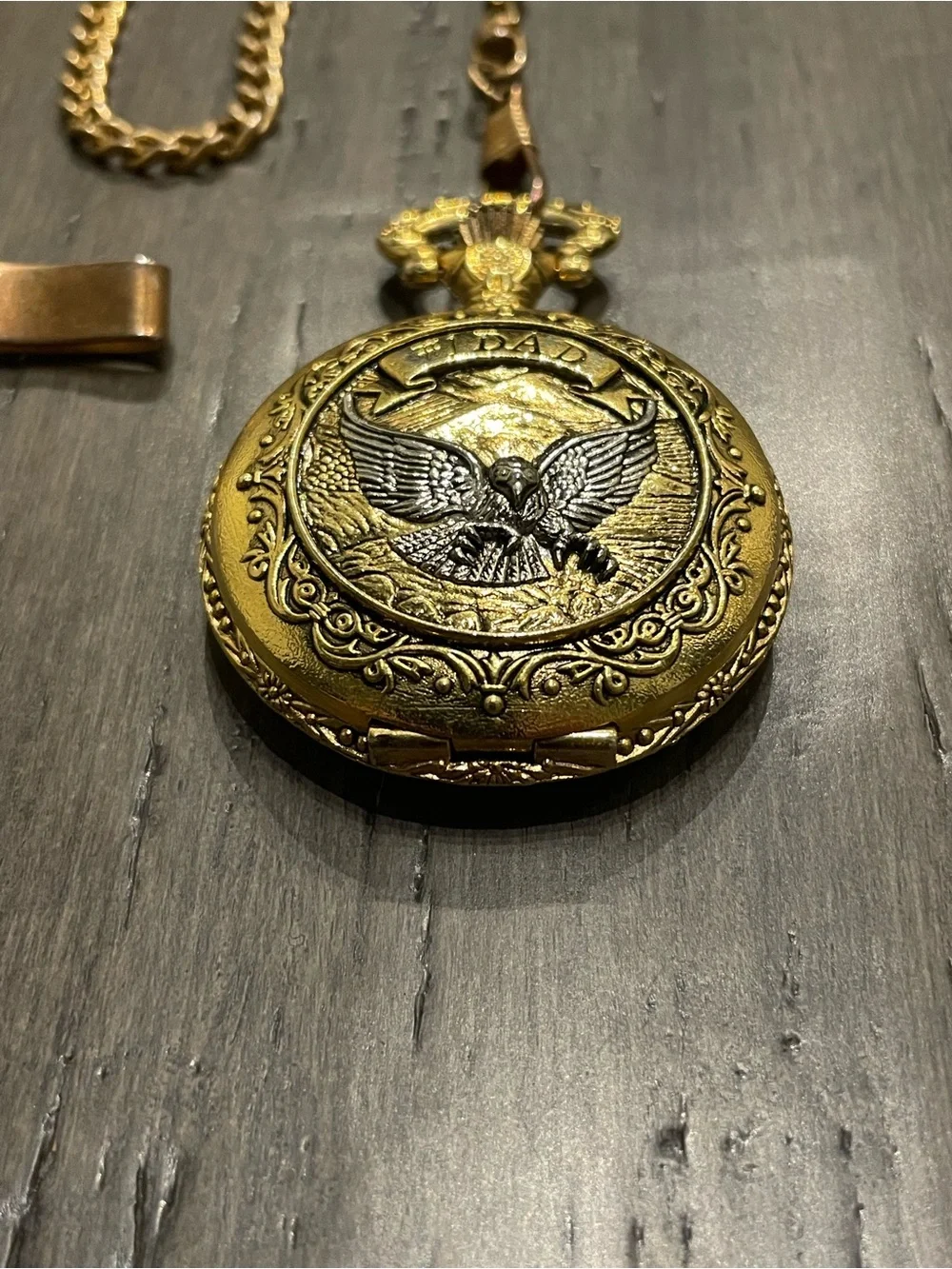 Milan Quartz Pocket Watch Hunter Eagle “DAD” Ornate Gold Tone w/ Chain